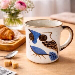 Blue Brown Stoneware Owl Floral Mug 8oz Rustic Pottery Coffee Cup Crazing